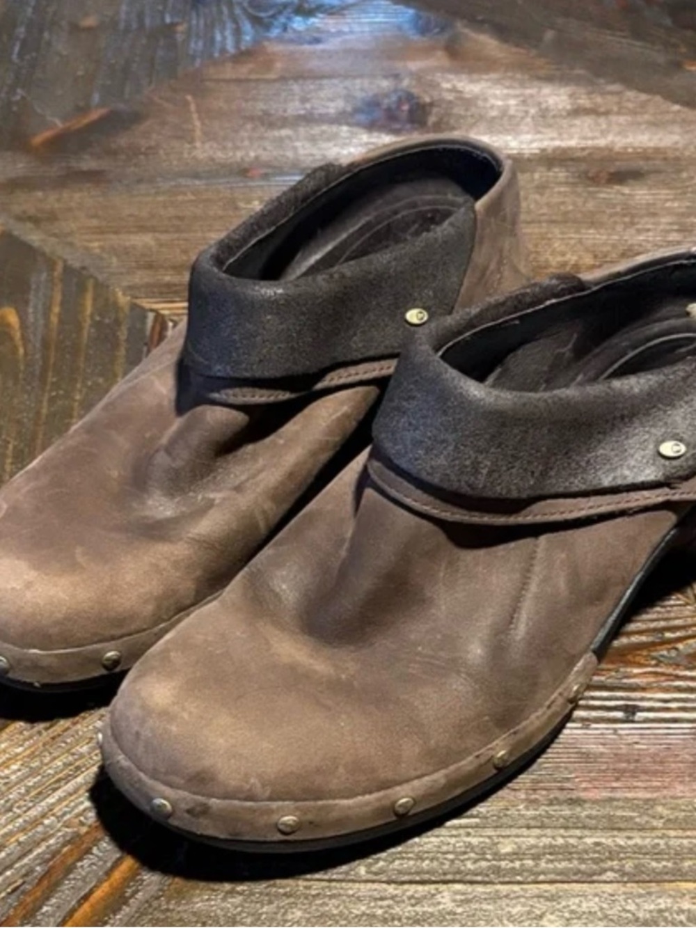 Merrell Brown Leather Slip-On Clogs with Suede Collar